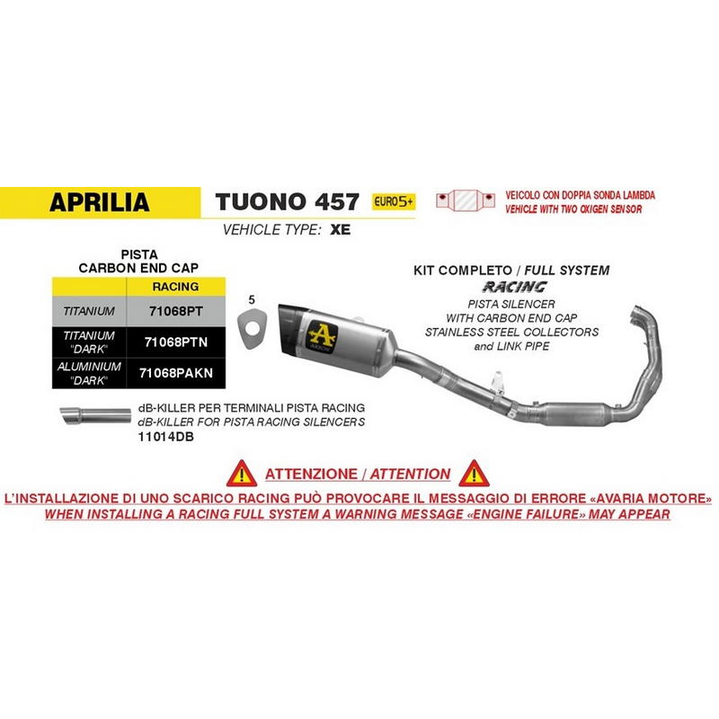 Sistema completo Arrow Aprilia RS 457 / Tuono 457 2024-2026 escape Pista aluminio Dark