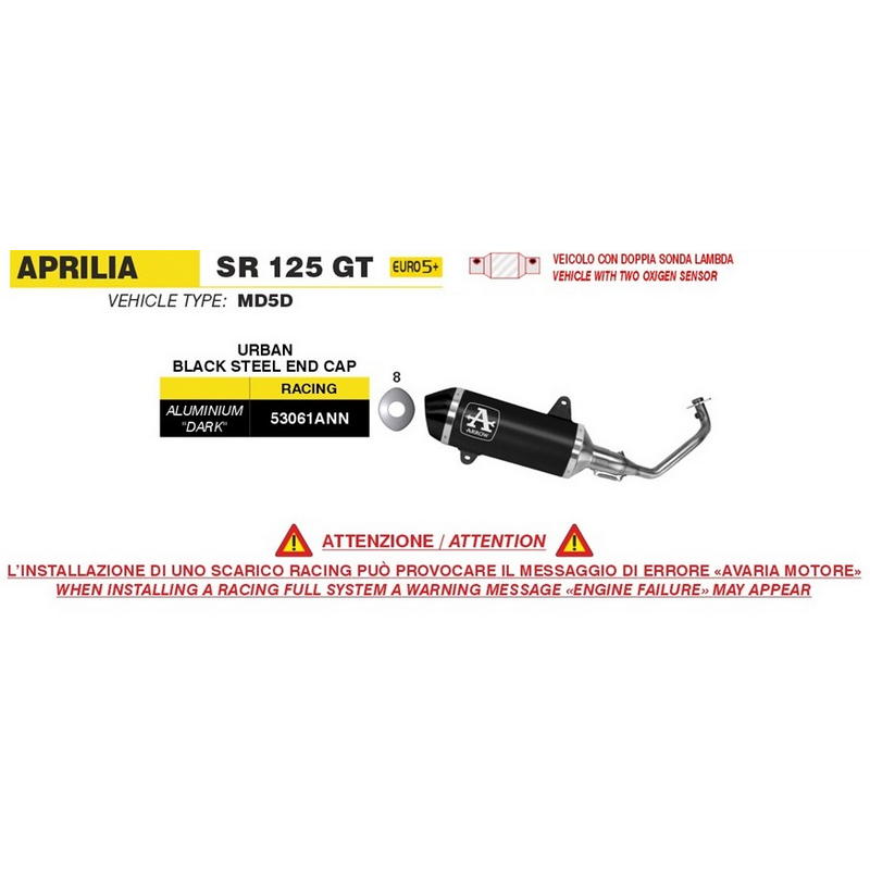 Kit completo escape Arrow Urban aluminio Dark Aprilia SR 125 GT / SR 125 GT Replica